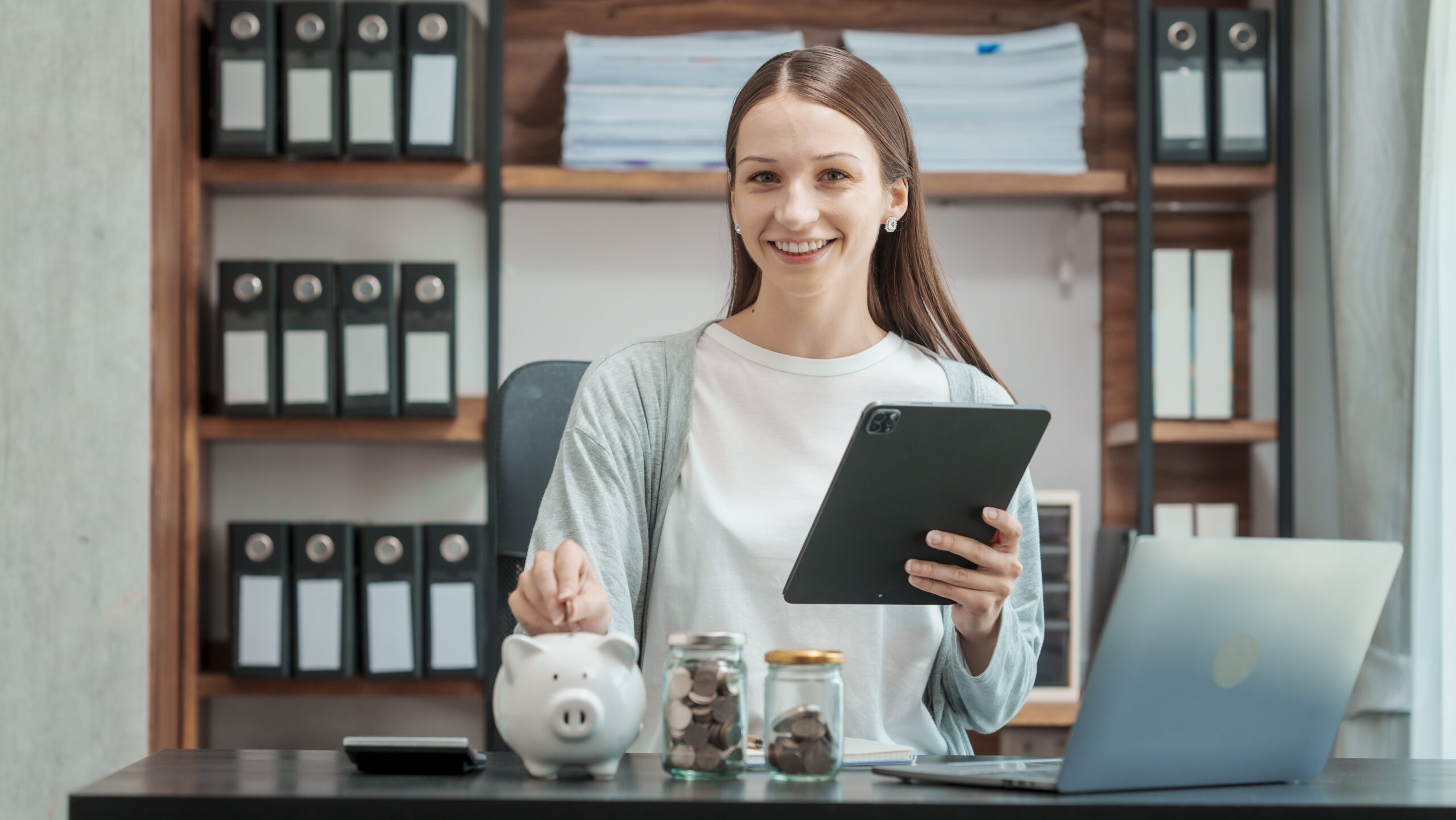 Close up young woman saving money for household payments coin,  piggy bank, mutual fund, mixed fund, Super Saving Funds (SSF), Retirement Mutual Fund (RMF), Net Asset Value (NAV), dividend, Inflation